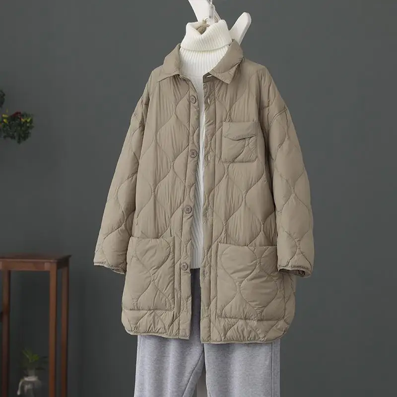 

Легкая белая женская зимняя верхняя одежда Du down Jaet Pure Color Slim Fit с воротником irt, милая длина миди