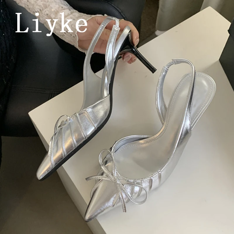 Liyke Street Style Sexy Pointed Toe Butterfly Knot Women Pumps Stripper Sandals Slingback High Heels Mules Female Shoes Stiletto