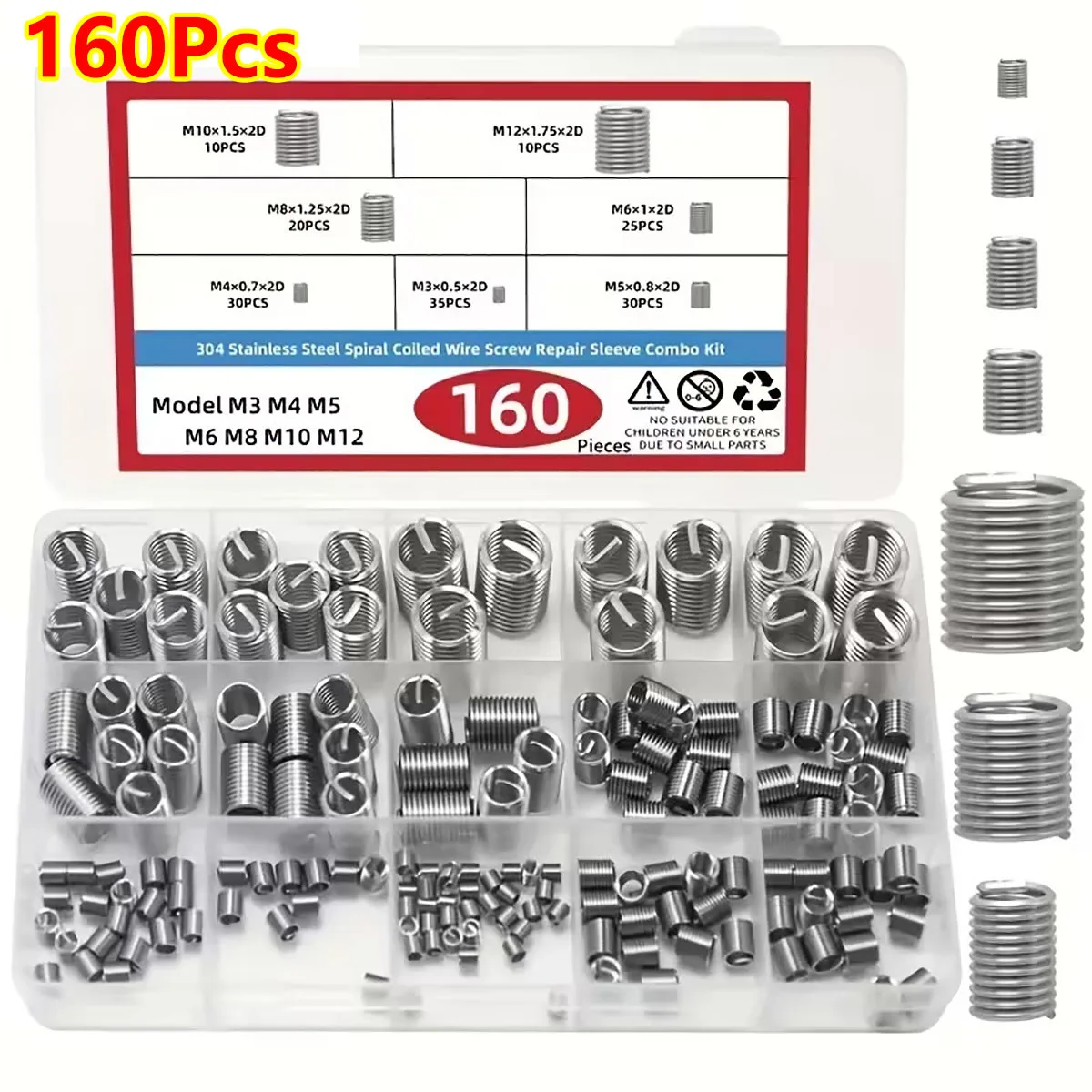 

160Pcs Stainless Steel Wire Inserts Screws Sleeve Assortment Kit Thread Inserts Helical Repair Sleeve for Automotive Repair Kit