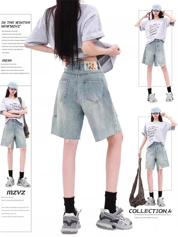 

American Style Vintage Ripped Denim Mid-Length Women's Summer Fashionable Loose plus Size Wide Leg Straight Five-Quarter Jeans