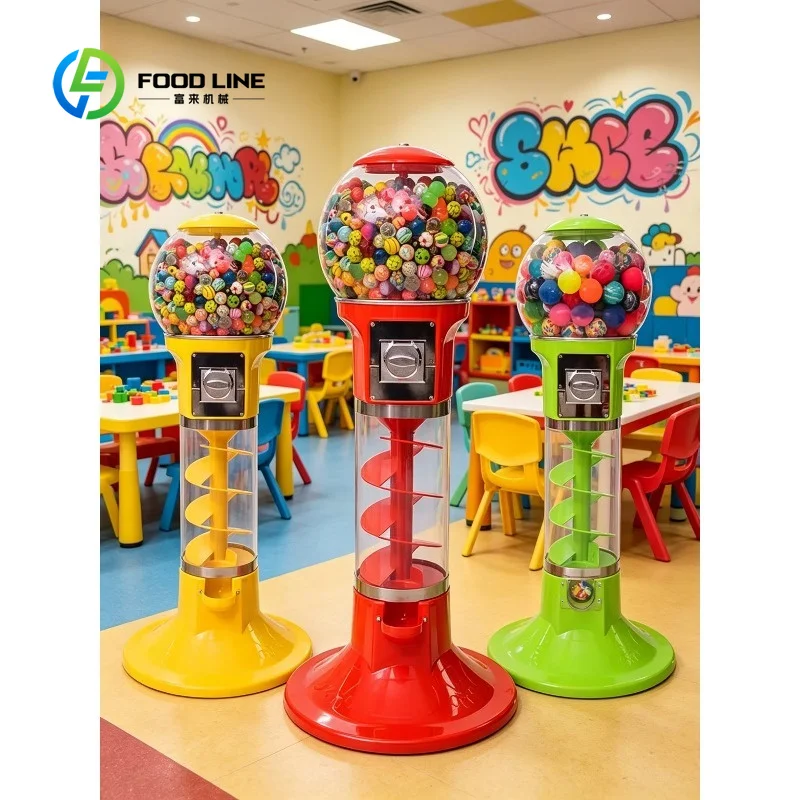 Customized kid friendly spiral capsule dispenser plastic gachapon machine accept token payment english panel retail store use