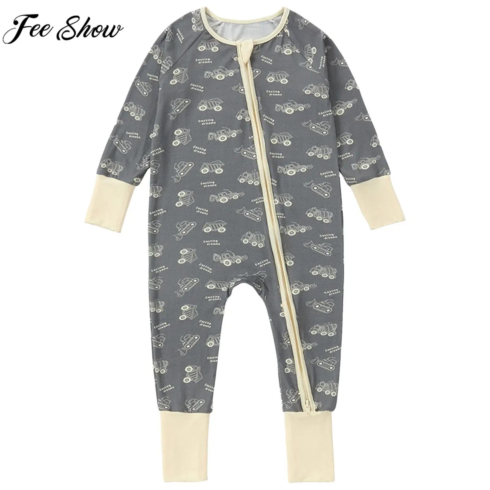 Toddler Baby Spring Autumn Cute Printed Casual Romper Pajamas Homewear Long Sleeve Zipper Footed Jumpsuit Sleepwear Loungewear