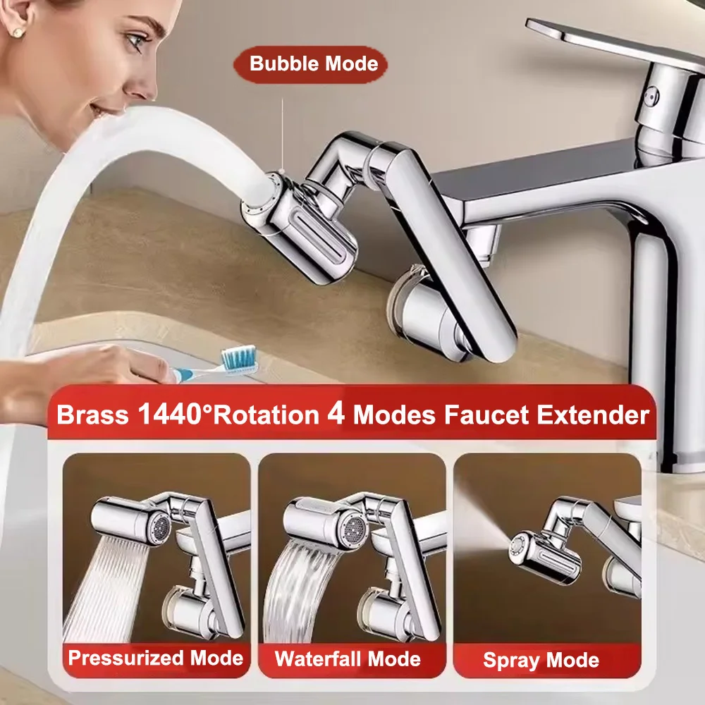 Brass Filtered Water Kitchen Faucet Extender 1440° Rotation Swivel Robotic Arm 4 Modes Splash-proof Tap Aerator Faucet Extension