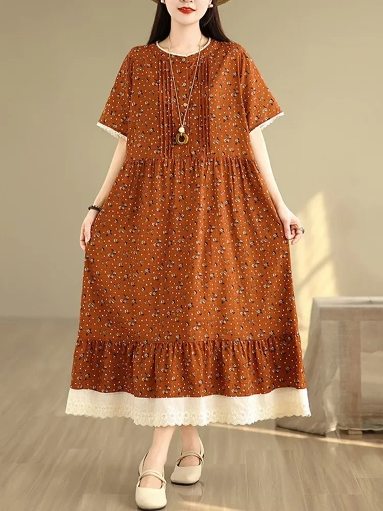 Manga curta oversized algodão linho vintage floral novo em vestidos para mulheres casual solto longo vestido de verão roupas elegantes 2025