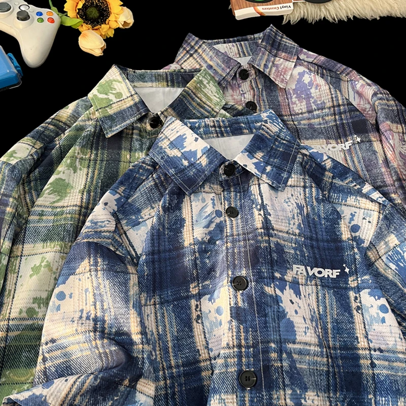 Plaid Ice Feel Tie Dye Short Sleeve Shirt Men Women Casual Loose Plus Size Shirt Thin Fabtic Pink Blue Green Clothes