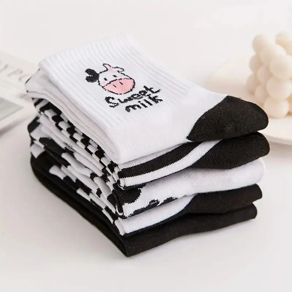 5 Pairs Cartoon Printed Women\'s Short Socks Cute Black White Ankle Socks Spring Autumn Fashionable Sweet Girls\' Mid Length Socks