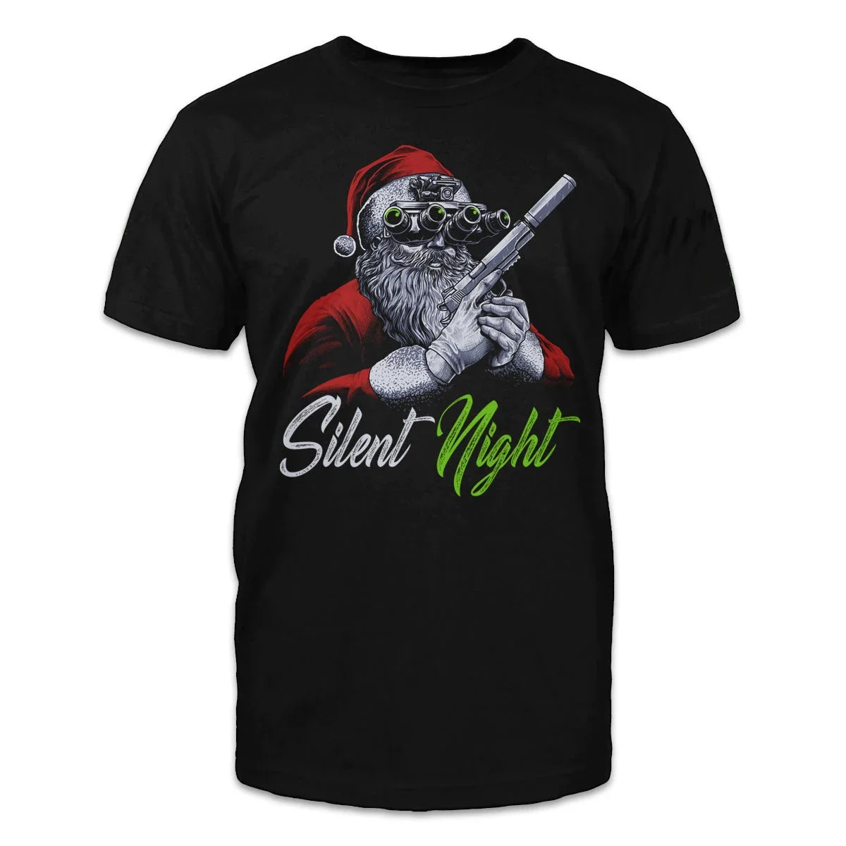 

Santa Claus Hold A Pistol with Night Vision Goggles T-Shirt 100% Cotton O-Neck Short Sleeve Casual Mens T-shirt Size S-3XL