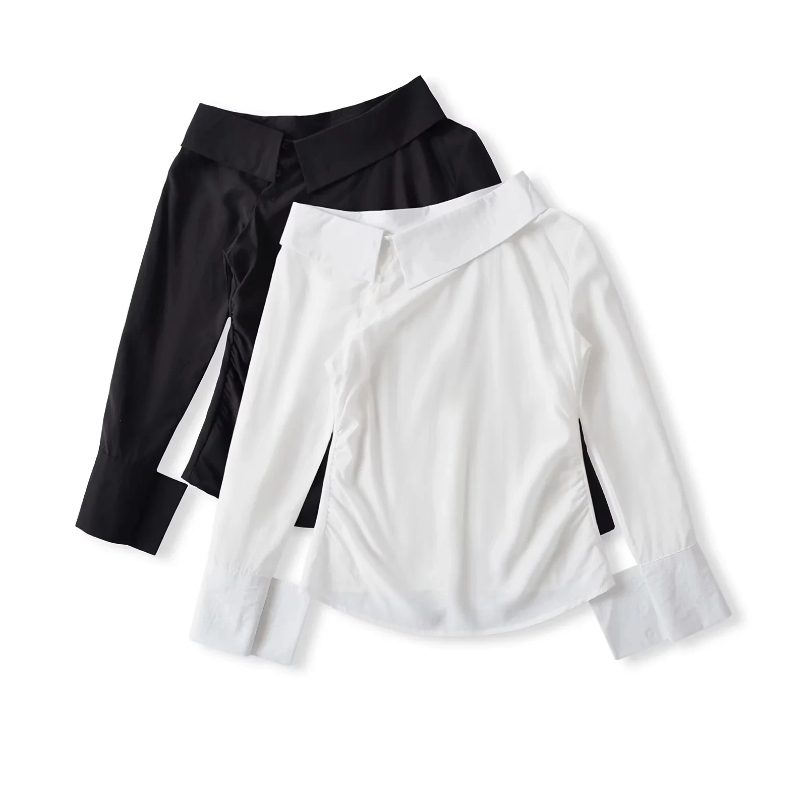 

Elegant Slim Fit Long Sleeve Shirt Women's Pure Color Shoulder Bared Design Commute Style Casual Top Fashionable Blouse