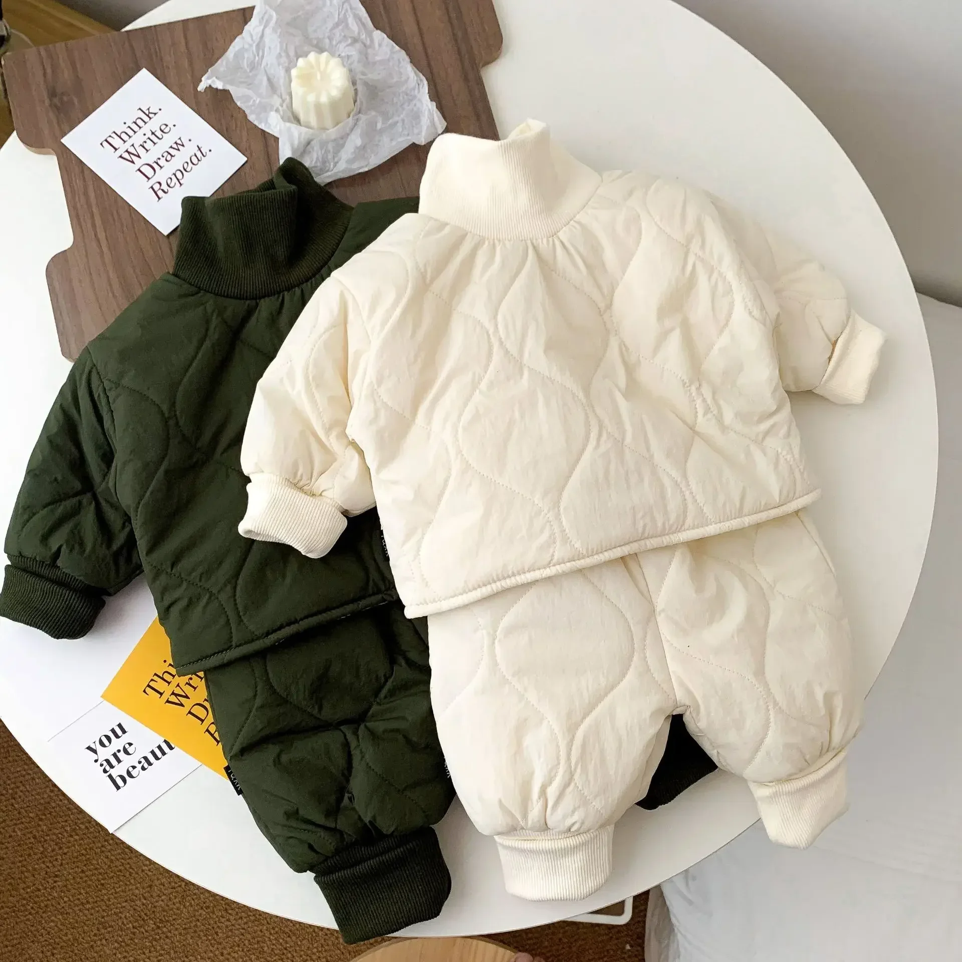 Children Clothing Baby Set Korean Autumn and Winter Boys and Girls Baby Velvet High Collar Cotton Jacket Pant Two Piece Set