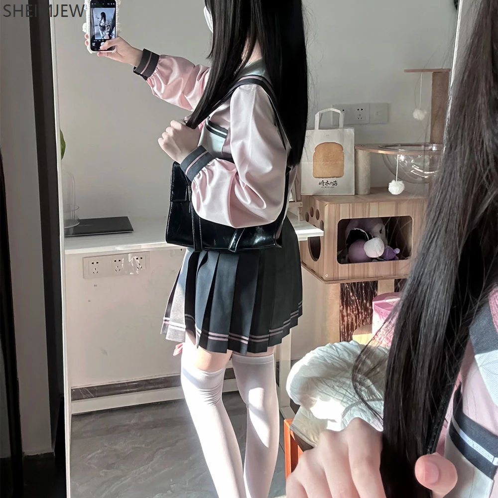 ญี่ปุ่น Jk ชุดกระโปรงสั้นสาวคอสเพลย์สีชมพู Navy Collar สไตล์วิทยาลัยชุดกะลาสี Bow Tie น่ารัก High School Student Uniform