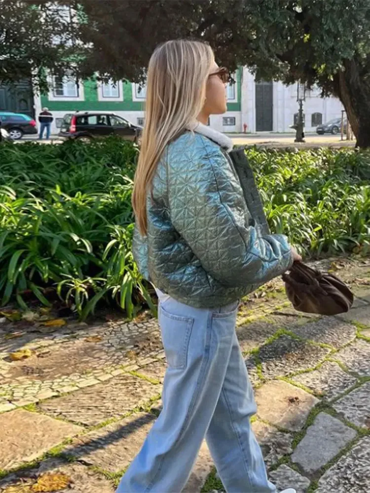 Chaqueta de empalme de lana con solapa verde Vintage para mujer, abrigo corto acolchado con bolsillos de retazos a la moda, otoño, 2024