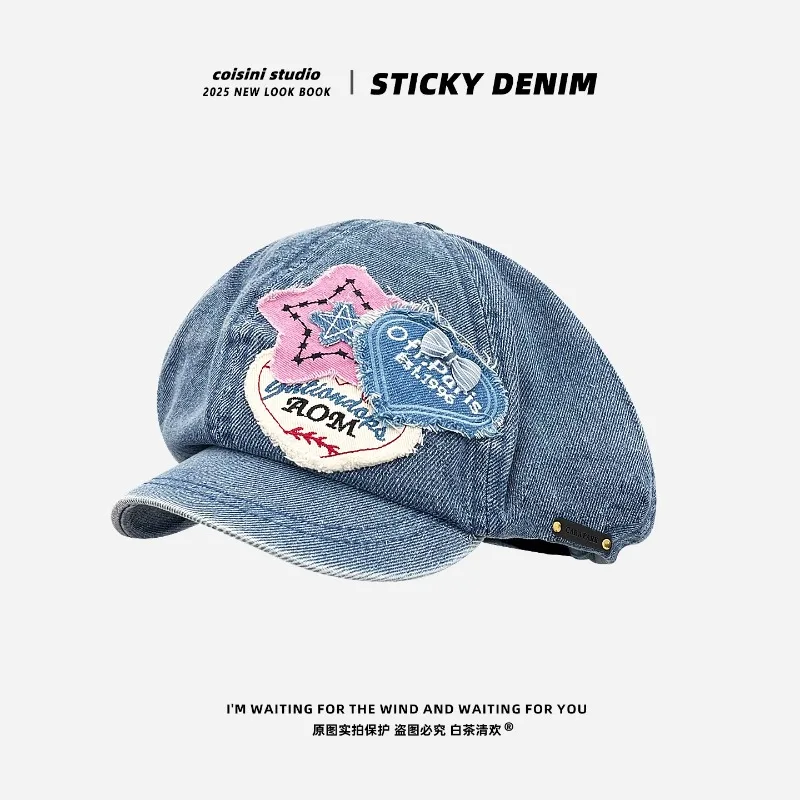 

Y2K Spice Girl Love Patch Washed Denim Painter Hats for Women Spring and Autumn Travel Fashion Versatile Retro Octagonal Berets