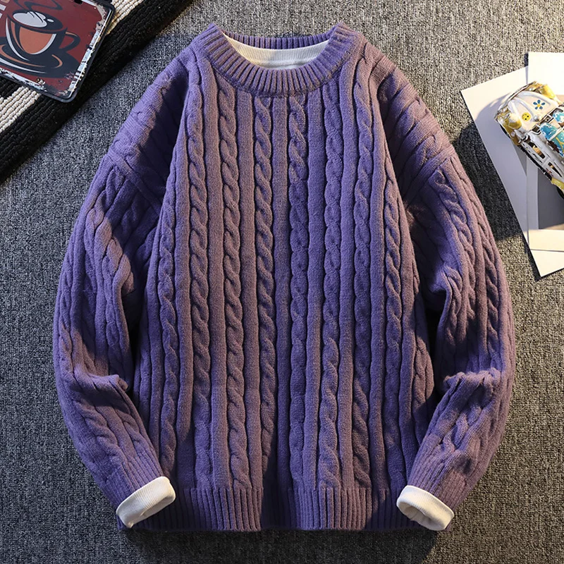 New Men Cable Knit Pullover Autumn Winter Diamond Pattern Loose Fit Sweater Solid Fashion Casual Streetwear Crew Neck Sweaters