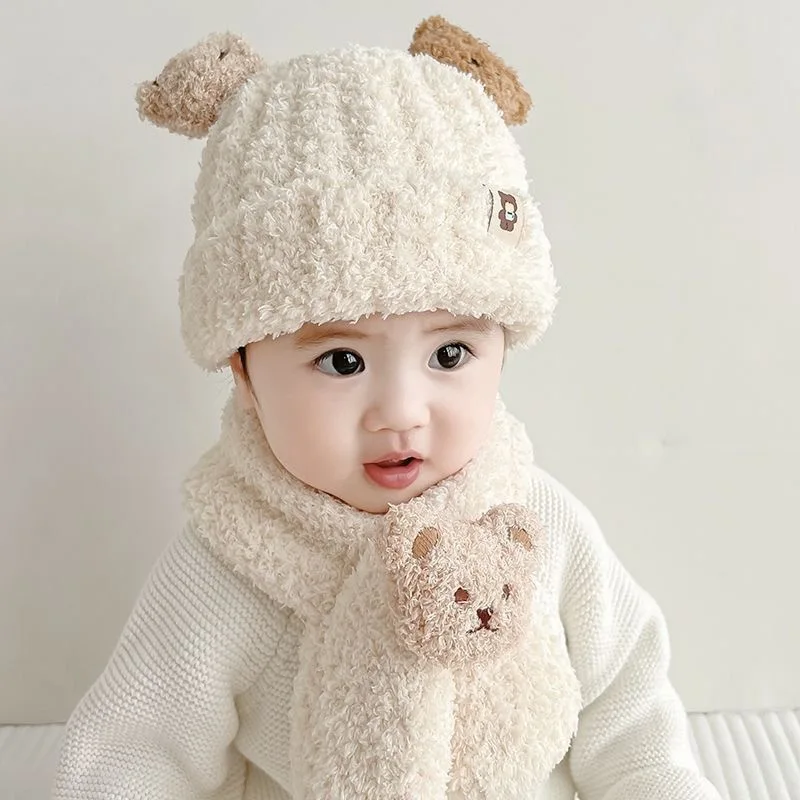 Baby Cartoon Bear Ear Hood Scarf Knitted Warmth - Autumn/Winter Two Piece Set with Velvet Wool Hat Gift Wholesale