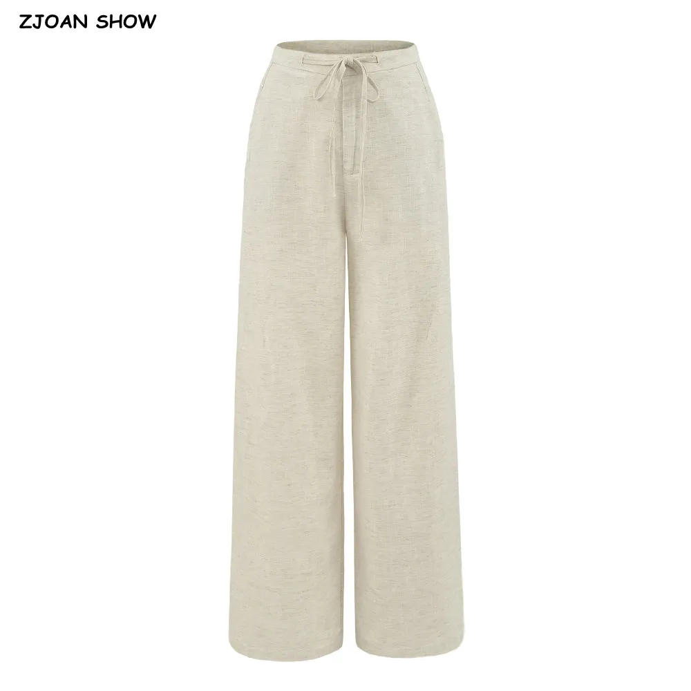 Summer Women Apricot Linen Wide Leg Pants Rope Drawstring Waist Loose Casual Floor Length Trousers Pants