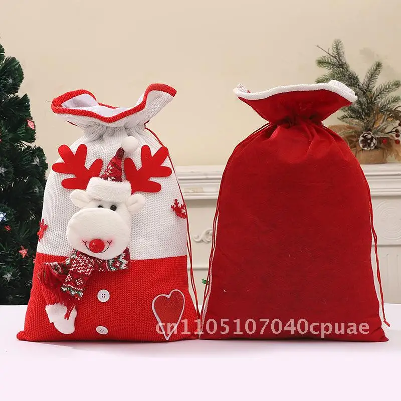

Decorative Christmas Drawstring Gift Bag Knitted Cartoon Design Snowman Santa Reindeer Candy Packaging for Holiday Eve Souvenir