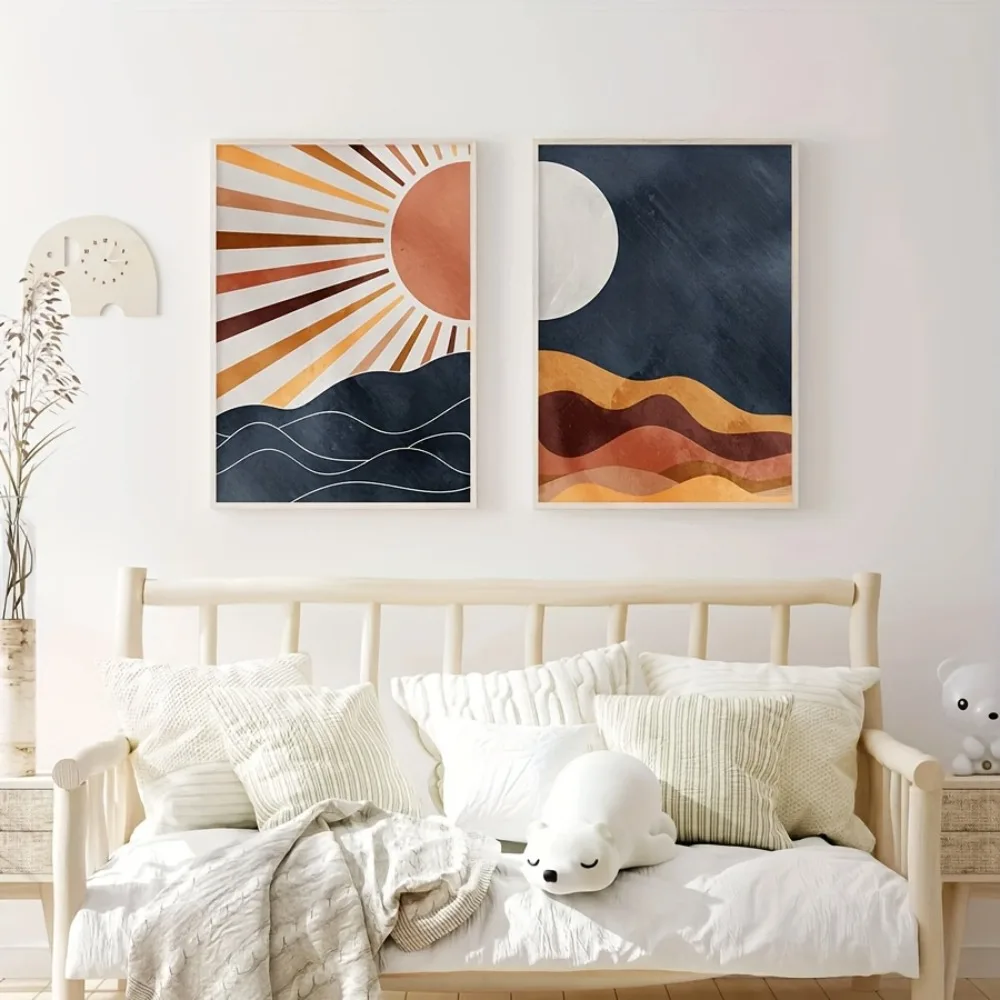 2PCS Large-sized frameless canvas paintings,Frameless 2 Pieces of Sun and Moon Bohemian Wall Art Prints, Mid-century Modern Suns