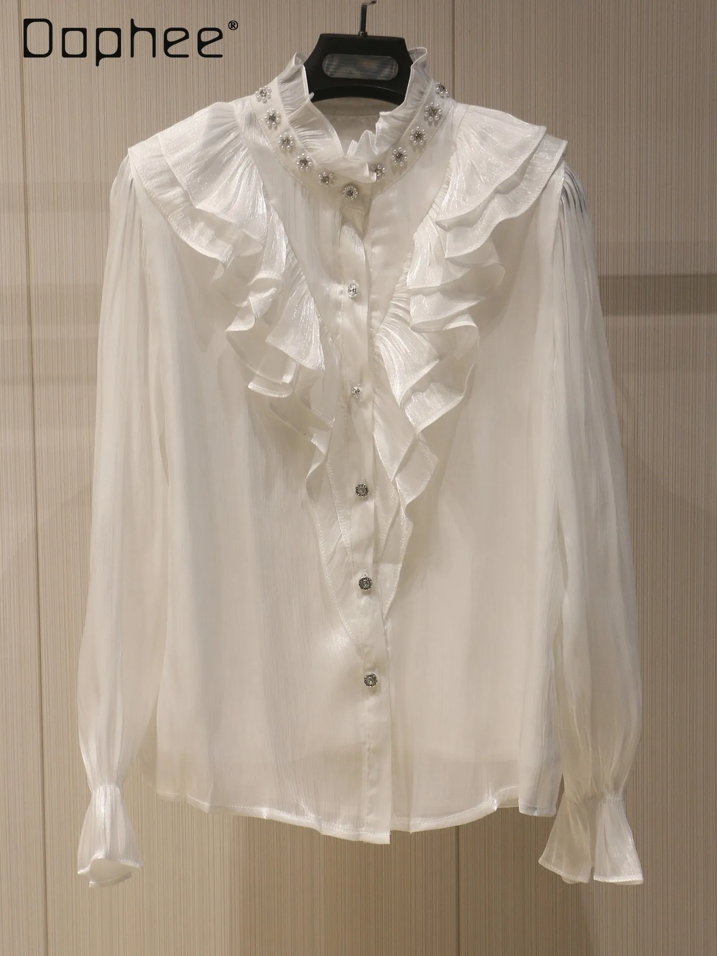 

French Sweet Heavy Diamond Stand Collar Shirt for Women Ruffled Edges Light Luxury Commuter Style Blouses Top 2026 Spring New