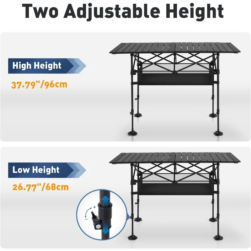 Table de camping pliante avec réglable, table portable en aluminium, grand sac de rangement et sac de transport, table d'extérieur, recommandé