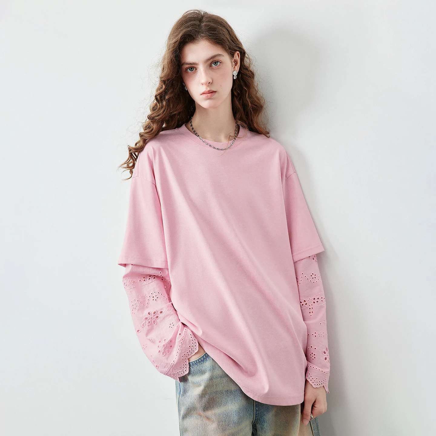 TOYOUTH Women's Fake Two Piece T-Shirt 2026 Autumn New Arrival Lace Splicing Loose Fit Early Autumn Top