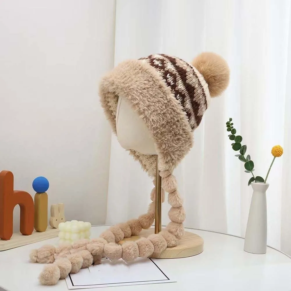 Fleece Lined Pompom Braids Hat Striped Knit Soft Yarn Fleece Knit Beanie ElasticThick Fur Brim Earflap Winter Cap Girls