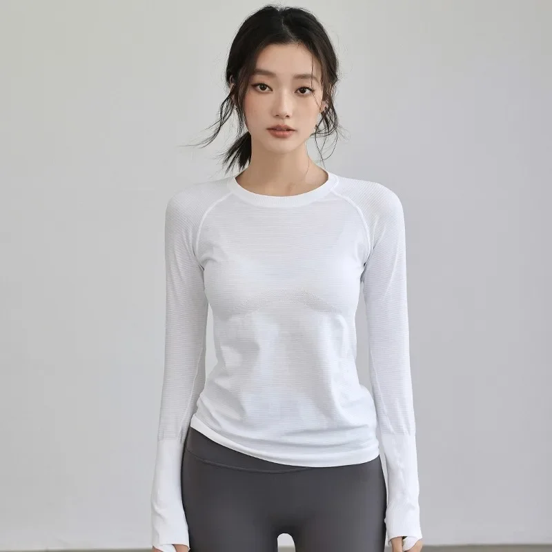 

New seamless sports fitness quick drying long sleeved thin round neck yoga suit training running top outdoor