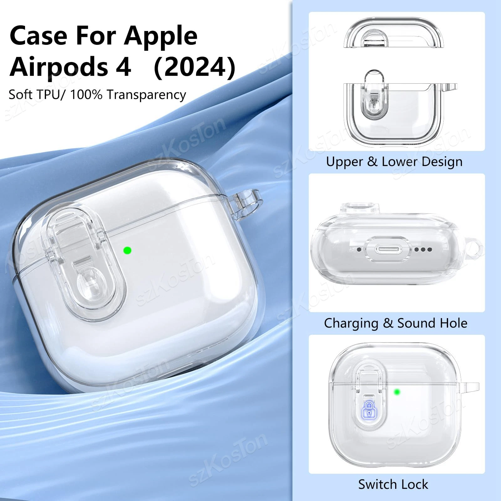 For AirPods 4 Safety Lock Soft TPU Transparency Protective Case with Women Cute Girl Bling Keychain for Air Pods 4 Accessories