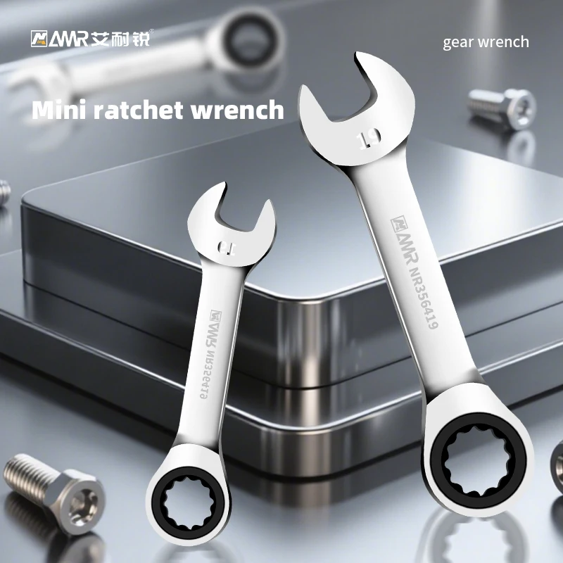 AMR Mini Short Handle 72 Teeth Ratchet Wrench Dual-purpose Open End Wrench 8mm-19mm Dual Purpose Combination Spanner