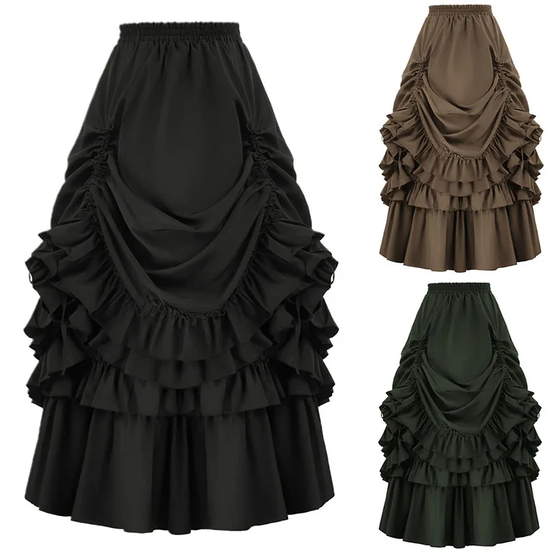 Cosplay Vintage Steampunk Dress Victorian Medieval Ruffled Satin & Lace Trim Gothic Skirts Women Corset Skirt Pirate Costumes