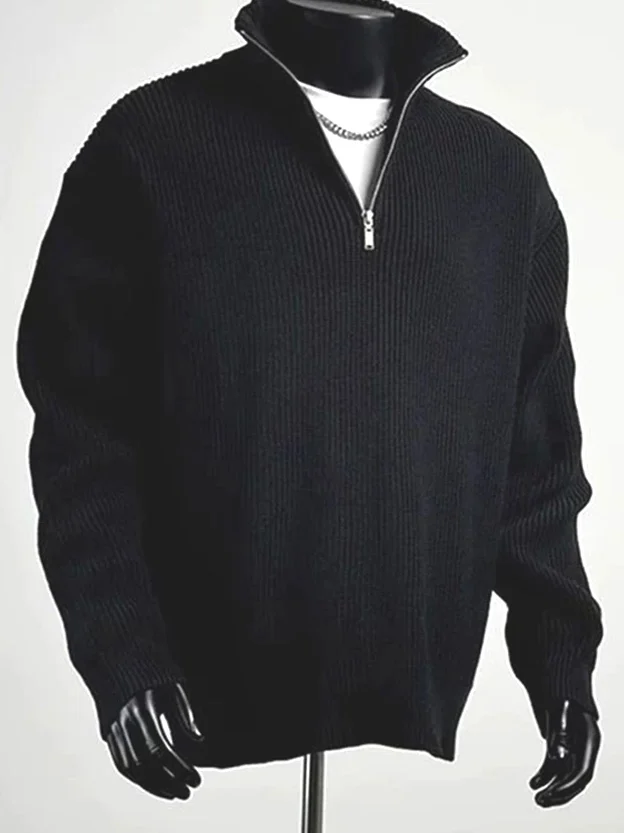 

Zippered Knitted Long Sleeve Sweatshirt Loose Fit Warm Striped Woolen Men's Turtleneck Casual Style Winter Fashion Basic Poly...