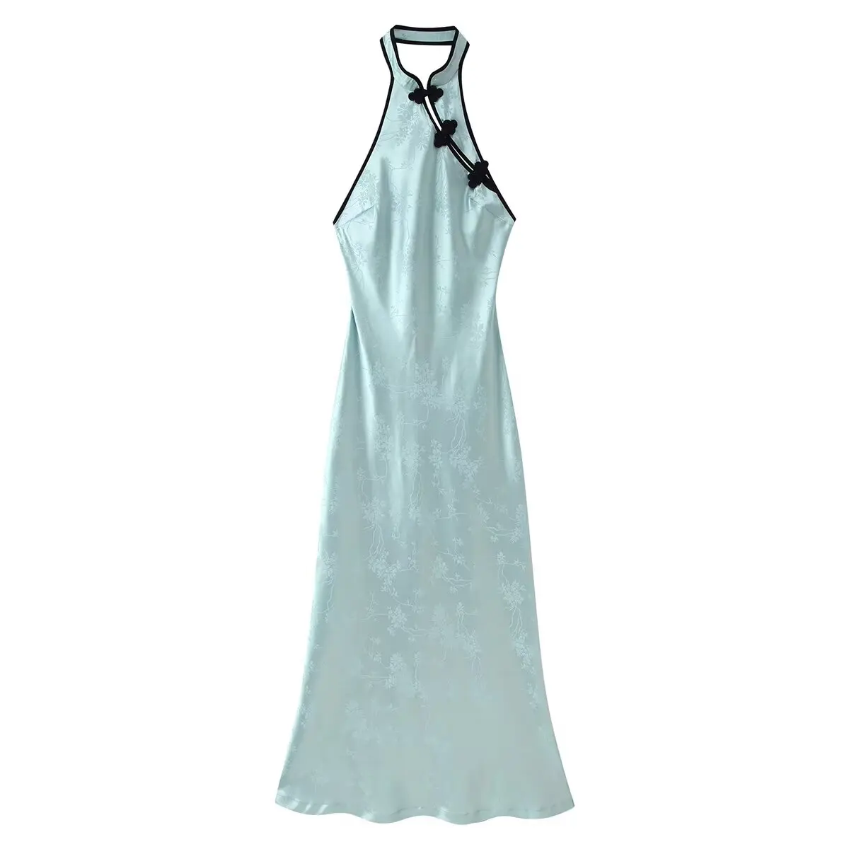 2026 Summer Women's Elegant Chinese Knot Button Sleeveless Jacquard Halter Midi Dress Lady Vintage A-line Floral Backless Robe