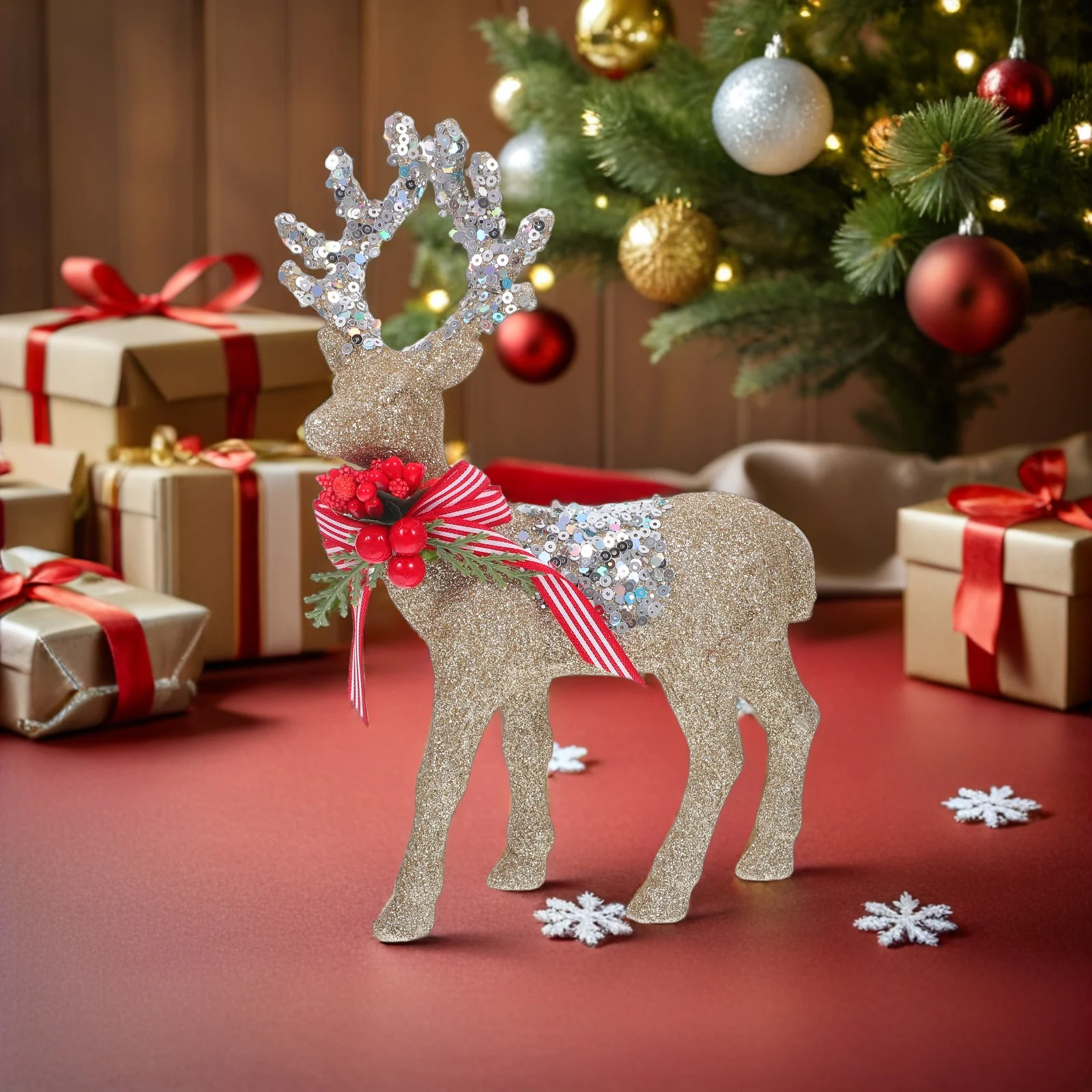 

1Pair Christmas Reindeer Decoration Flocking Glitter Finish Stable Standing Elk Statue for Table Centerpiece Mantle Holiday