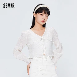 Semir Long-Sleeved Shirt Women Short Stringy Selvedge Literary 2022 Summer New Gentle Slim Texture Shirt