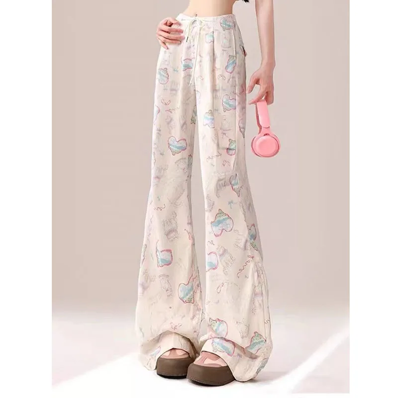 

2024 Summer New Cargo Pants Women Dopamine Thin Sports Casual Love Printed Wide Leg Straight Versatile Trousers Female