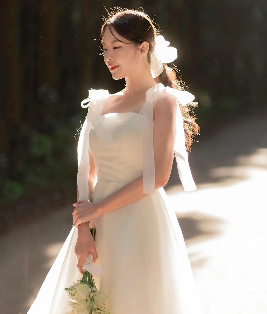 

Customized High Quality Tulle A-Line Spaghetti Straps 3D Bow Evening Dress Modern Strapless Sleeveless Women Wedding Gowns