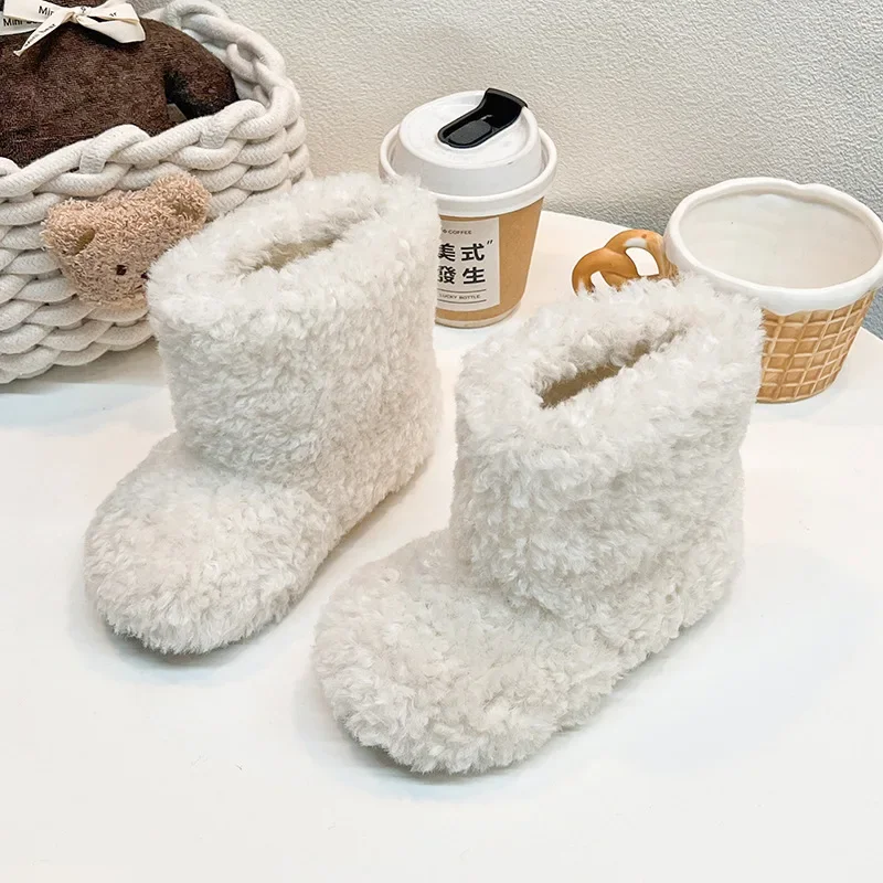 Winter Girls Fleece-Lined Warm Cotton Shoes Toddler Mid-Calf Furry Short Boots Girls Casual Soft-Soled Flat Warm Shoes Children