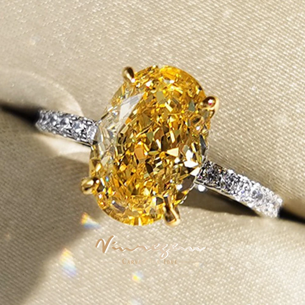 

Vinregem 8*12 MM Oval Citrine High Carbon Diamond Gemstone Classic 925 Sterling Silver Wedding Engagement Rings Fine Jewelry
