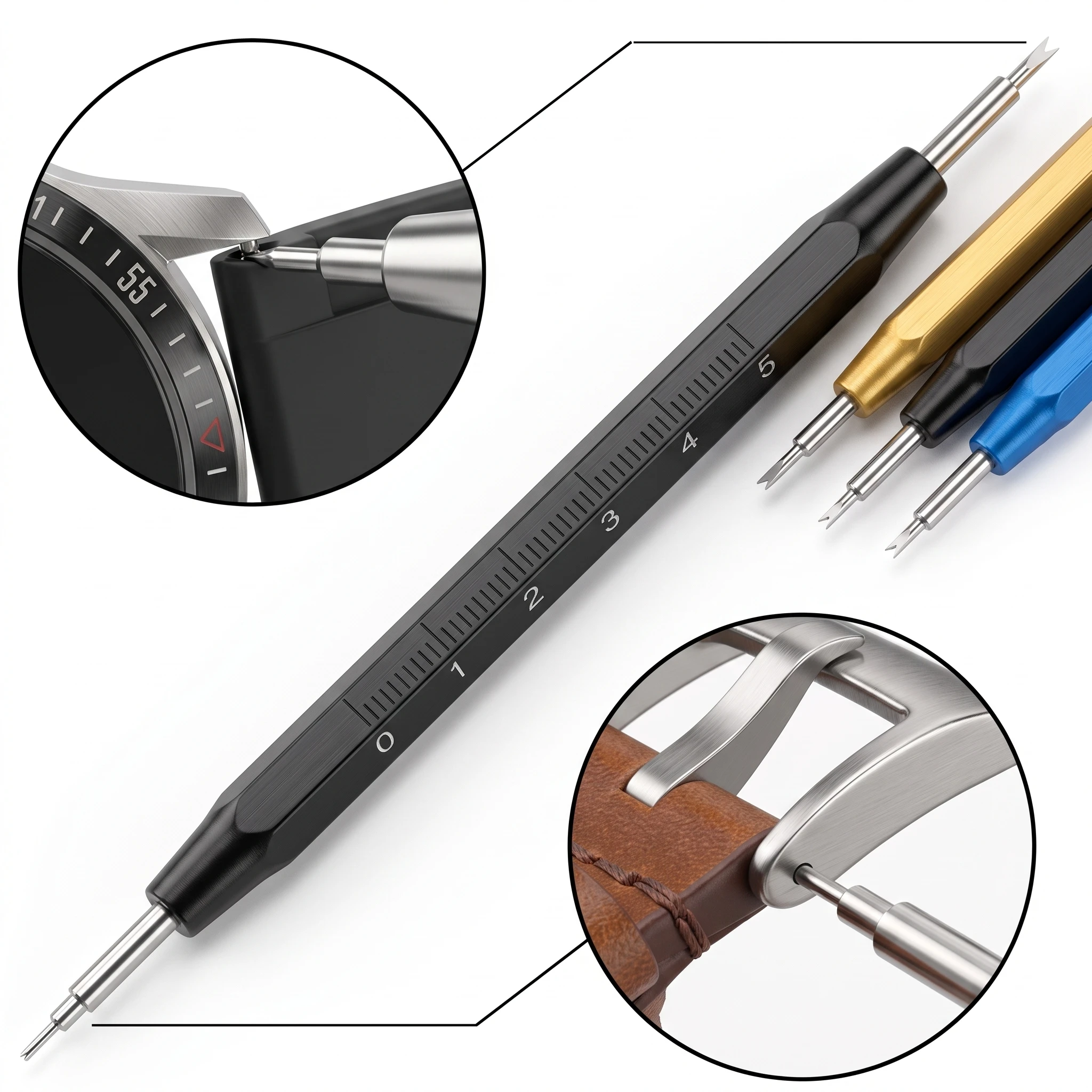 Aluminum Alloy Watch Spring Bar Tool Link Pin Remover With Measuring Ruler Hexagon Watchband Strap Replacement Repair Kit