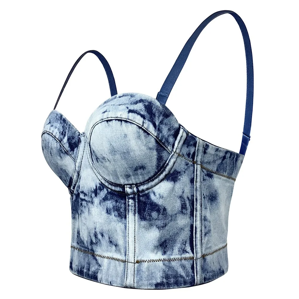 SXTHAENOO Sexy Denim Tank Top Women's Strap Back Underwear Fashion Outerwear Femme Corset Crop Tops Nightclub Party Cropped Top