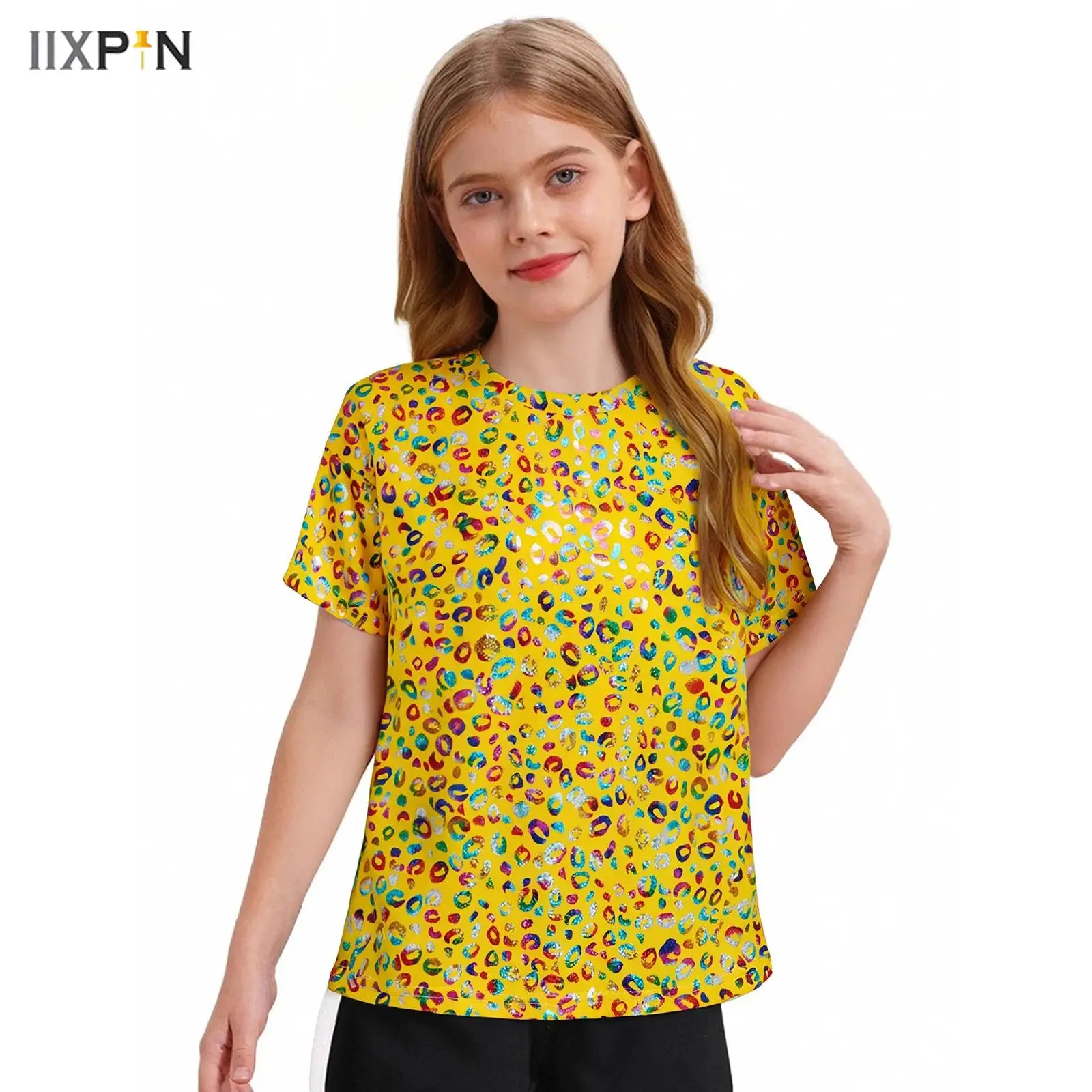 

Kids Girls Metallic Leopard Print Shirt Hip Hop Disco Streetwear Round Neck Short Sleeve Tee Top Party Stage Performance Costume
