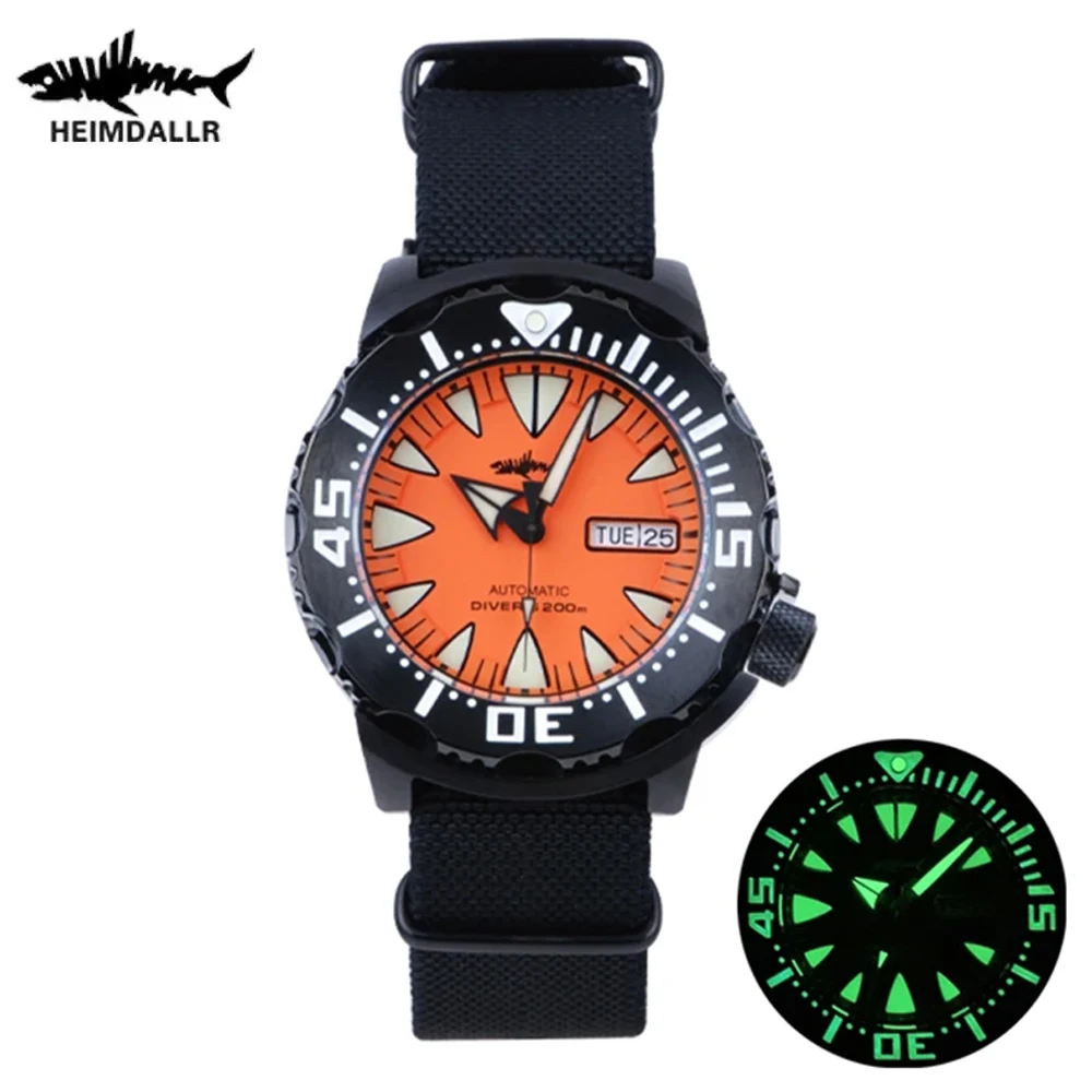 HEIMDALLR Monster Diving Watch NH36 Автоматический механический корпус с PVD-покрытием AR с сапфировым стеклом из нержавеющей стали 200M C3 Светящиеся мужские часы