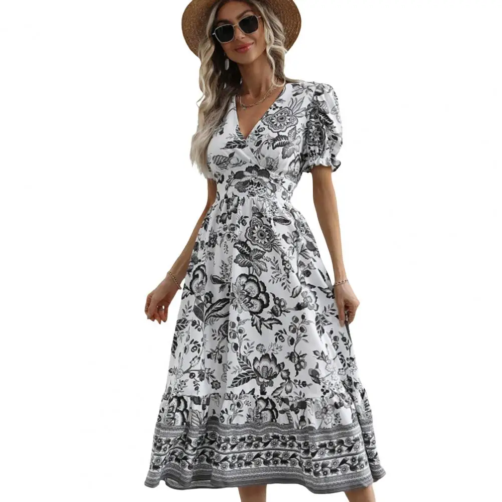 Summer Printed Dress V-neck Puff Sleeve Dress Floral Print V Neck Midi Dress with Puff Sleeves High Waist A-line for Vacation