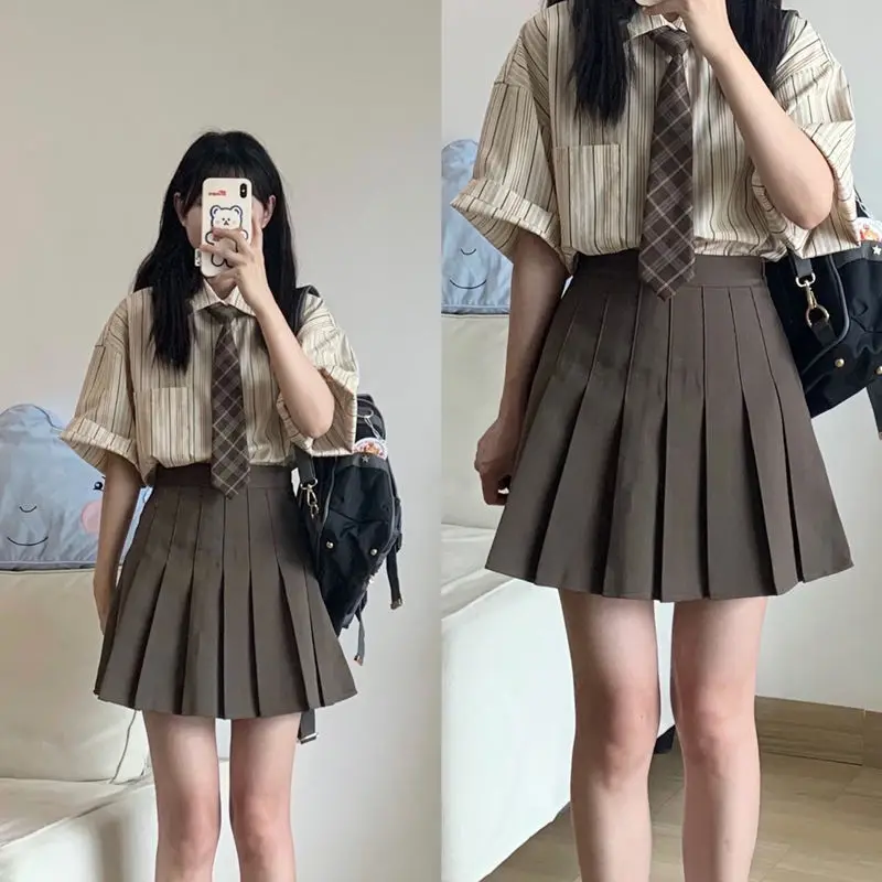 

Striped Shirt And Pleated Skirt Two-Piece Set Career Student Salt System Professional Skirt Suit for Small Girls