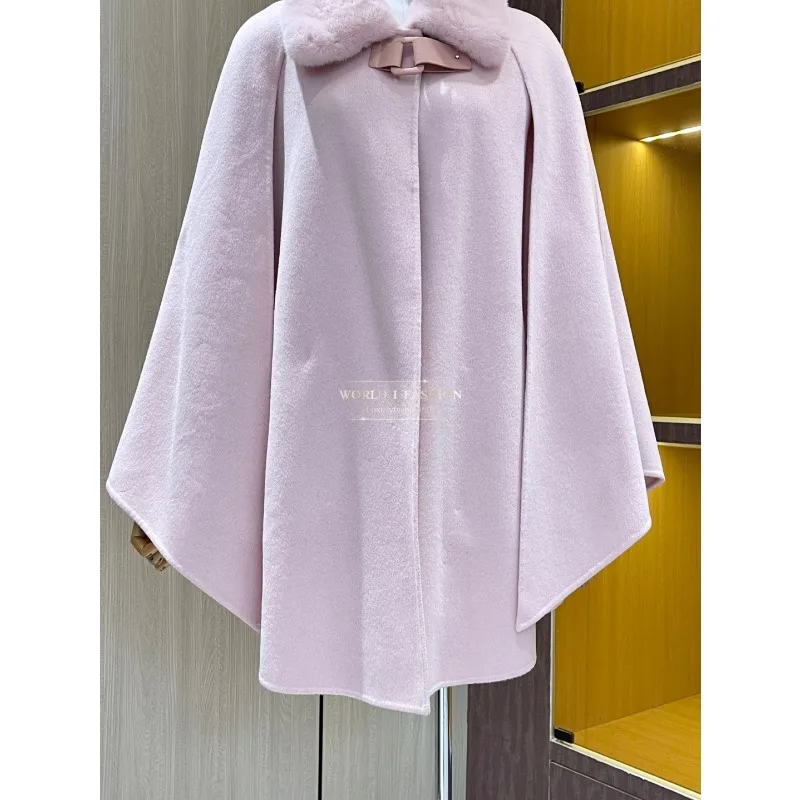 نمط معطف سترة قمم الكشمير الصوف الحرير 2025 أعلى جودة الوردي كم طويل التلبيب مزدوجة الوجهين الكشمير الرأس