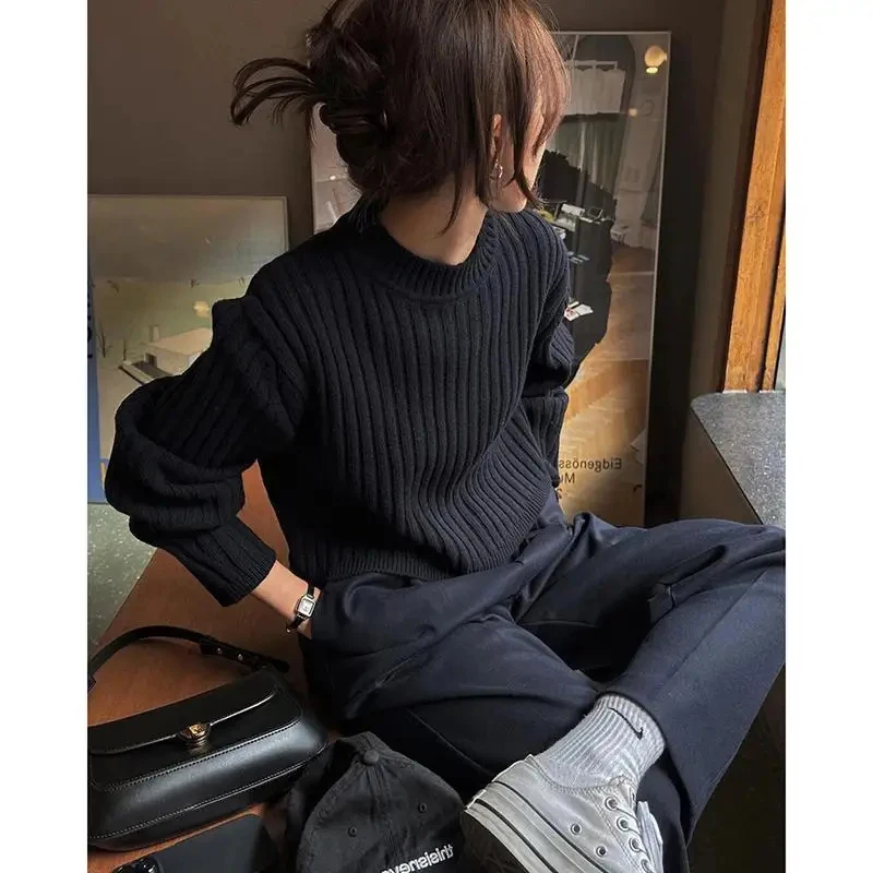 Streetwear Cropped Sweater Women Vintage Striped Knitted Pullovers Harajuku Korean Slim Knitwear Japanese Black Casual Jumper