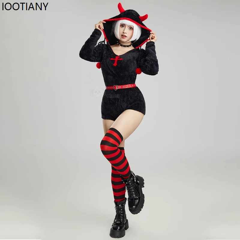 Halloween Gothic Little Devil Cosplay Costumes Women Sexy Plush Home Clothes Black Red Cross Hooded Bodysuits With Belt Necklace