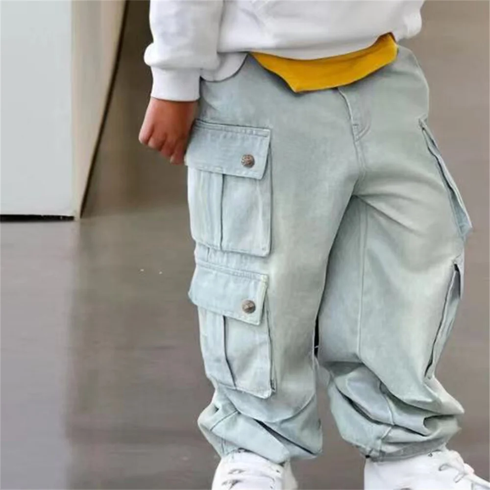 24610 Korean Wide Leg Pants Street Dance Pants Boys' Jeans Children's Side Pockets Kid Jeans Denim Cargo Pants