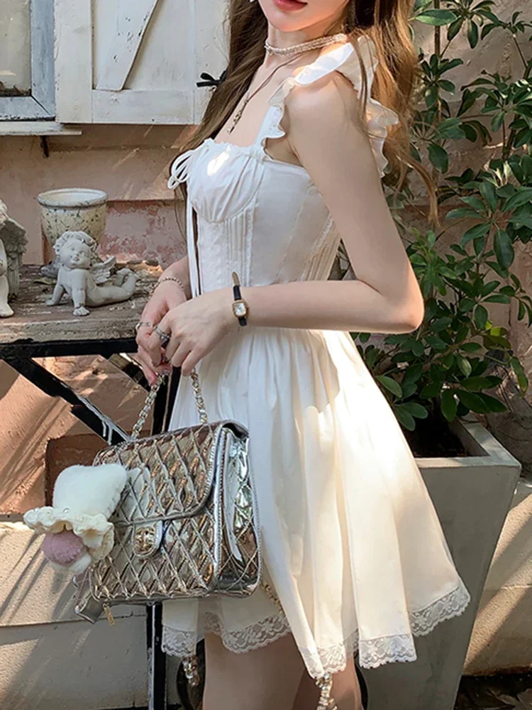 فستان حلو على الموضة الكورية الجديدة للصيف Yk2 Kawaii الجنية قطعة واحدة فستان نسائي على طراز Preppy من الدانتيل فساتين حفلات غير رسمية للسيدات