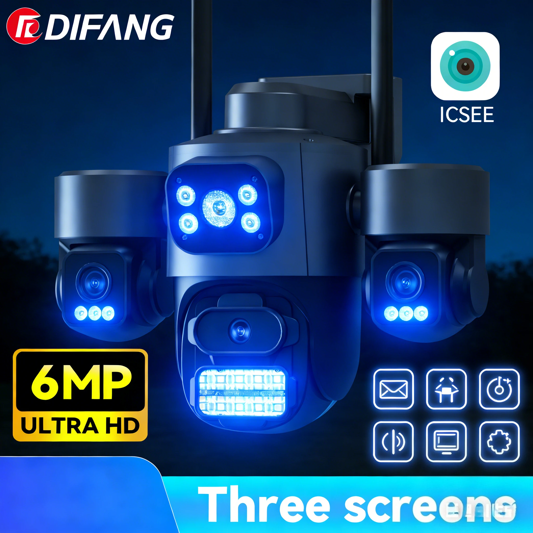 

6K Ultra HD PTZ IP Camera 3-Screen DisplayAI 360° Auto Tracking ONVIF iCsee Outdoor Security CCTV, Human Detection, 2.4G WiFi