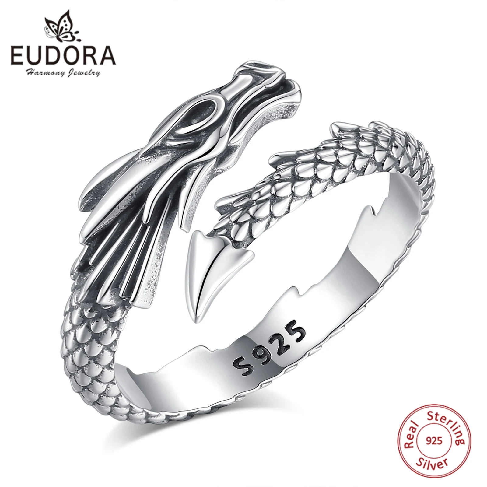 Eudora 925 Sterling Silver Dragon Adjustable Ring Temperament Personality Cool Dragon Ring Vintage Jewelry Gift for Men Women